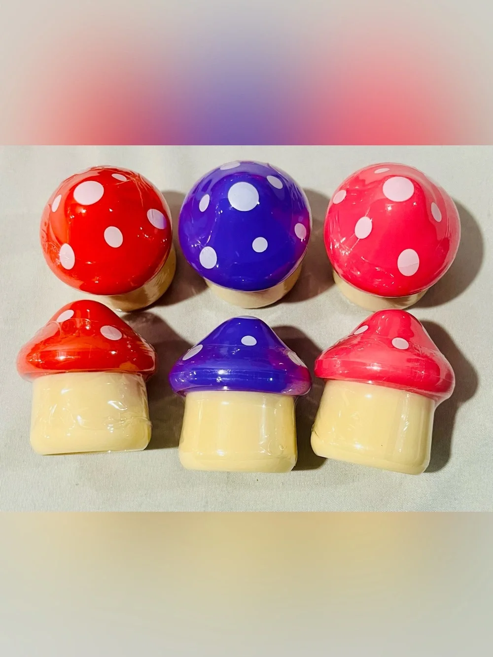 6 Pack- Colorful Mushroom Stackable Lip Balm - Red, Purple & Pink
